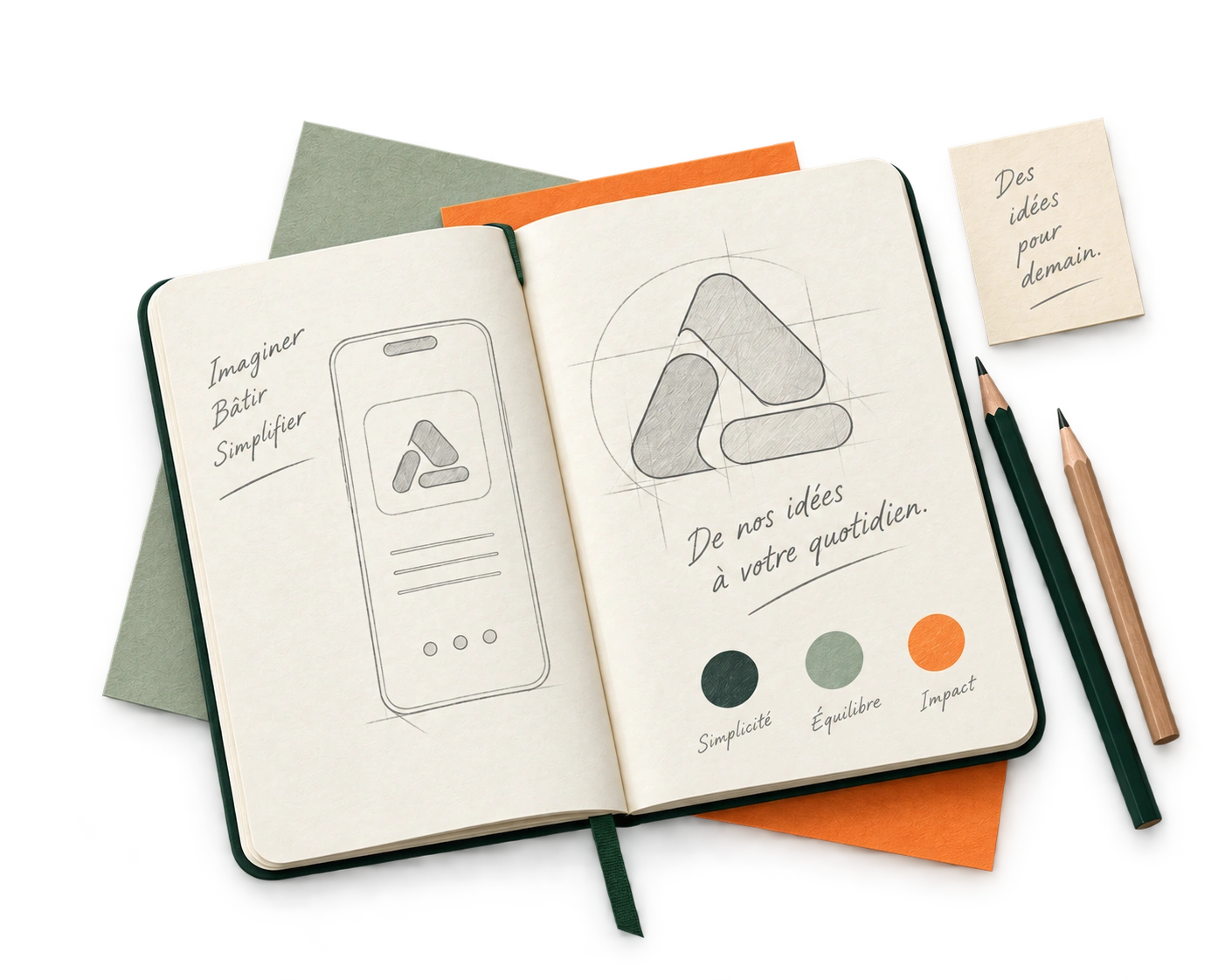 Carnet de croquis ouvert sur une esquisse du logo Ternaire et d'un écran de téléphone, avec les notes manuscrites : Imaginer, Bâtir, Simplifier, De nos idées à votre quotidien, Simplicité, Équilibre, Impact, et Des idées pour demain.
